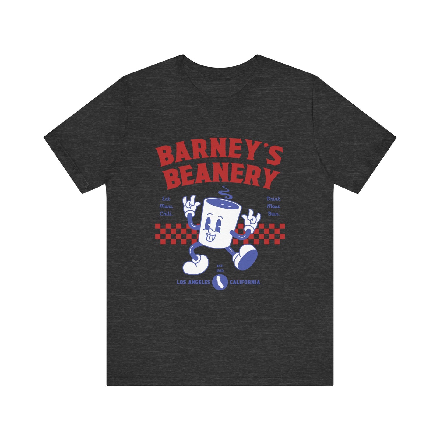 Eat More Chili. Drink More Beer. BARNEY'S BEANERY Red & Blue - Mens Retro Graphic Tee | Bella + Canvas 3001 - Retro Character On FRONT