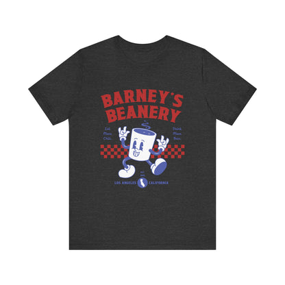 Eat More Chili. Drink More Beer. BARNEY'S BEANERY Red & Blue - Mens Retro Graphic Tee | Bella + Canvas 3001 - Retro Character On FRONT