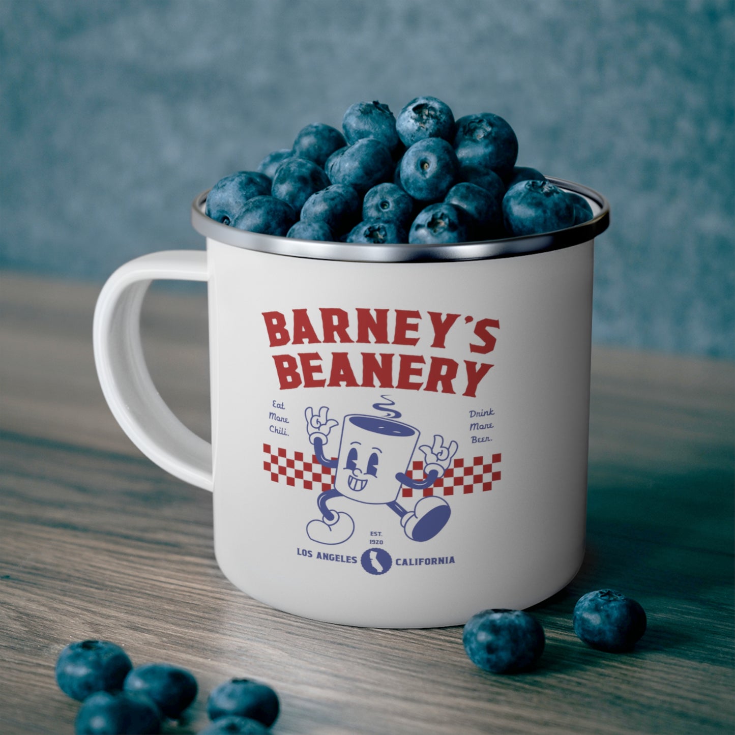 Eat More Chili. Drink More Beer. | BARNEY'S BEANERY - Red & Blue Camping Mug 12oz