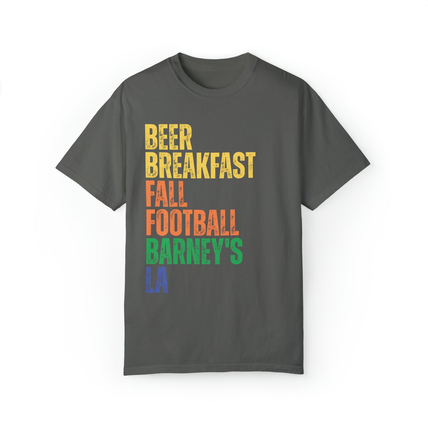 Beer Breakfast Fall Football | BARNEY'S BEANERY - Men's Graphic Tee | Pepper Comfort Colors 1717 T-Shirt, Front View Flat Lay