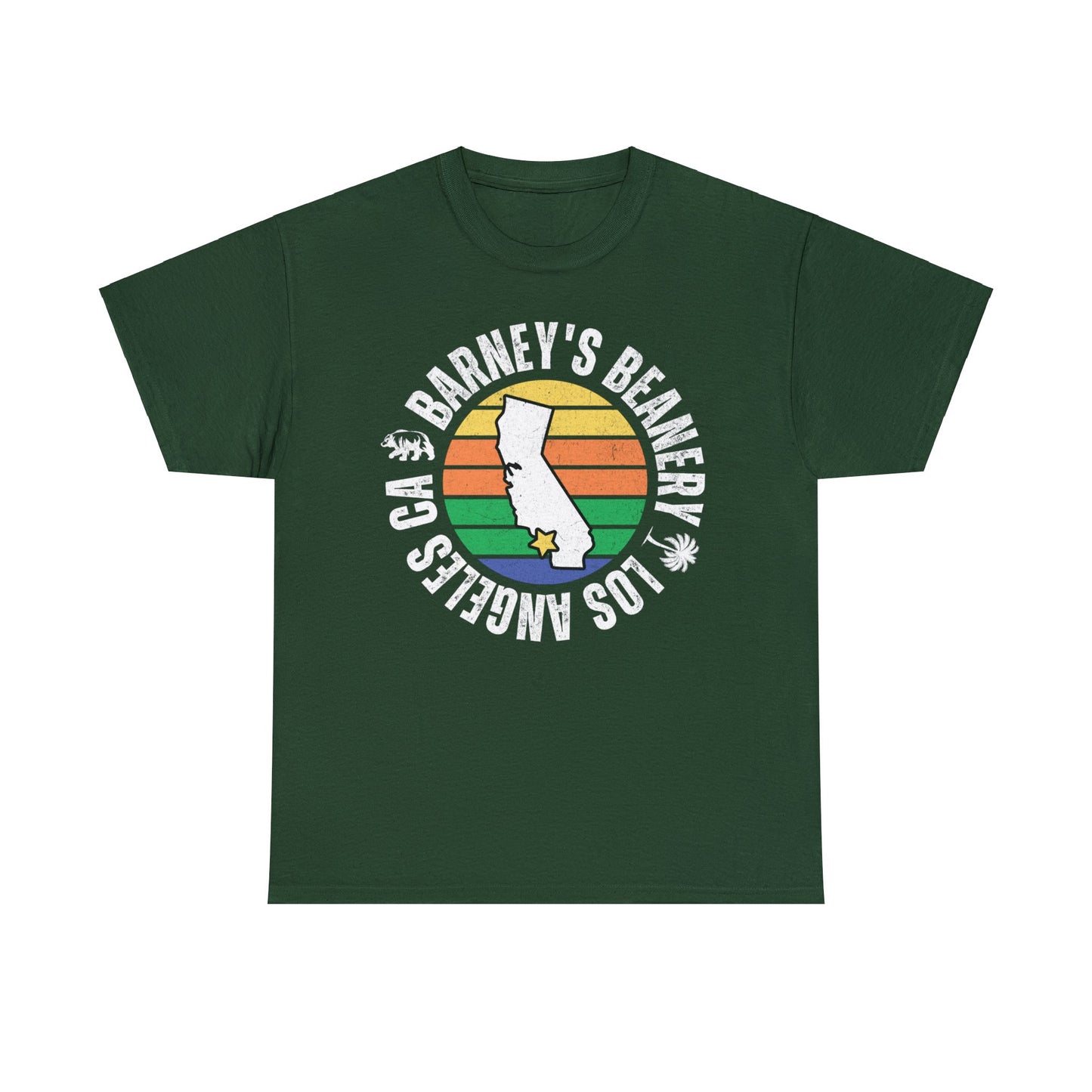 Retro Sunset | BARNEY'S BEANERY - Men's Retro Graphic Tee | Forest Green Gildan 5000, Front View Flat Lay