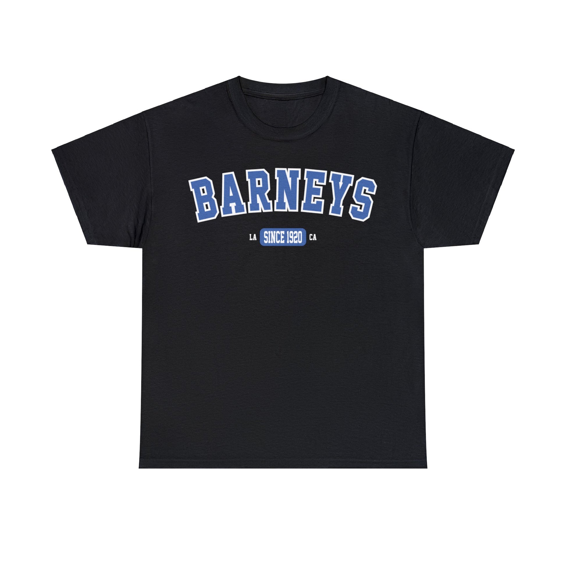 Vintage Collegiate | BARNEY'S BEANERY - Men's Graphic Tee | Blue Graphics On Black Gildan 5000 T-Shirt, Front View Flat Lay