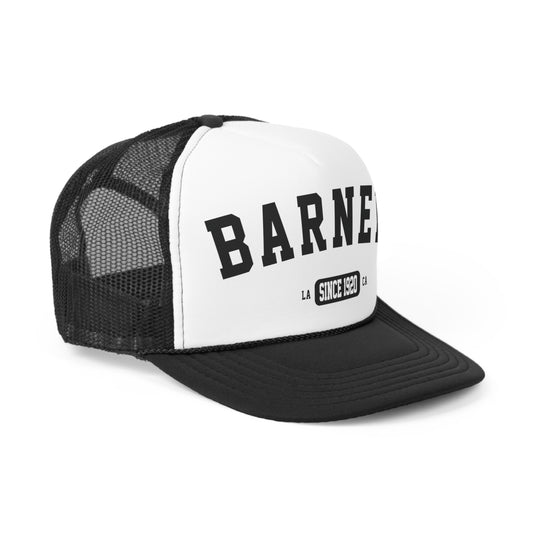 Vintage Collegiate | BARNEY'S BEANERY - Trucker Hat | Black Graphic On Black And White Trucker Hat, Front Right View