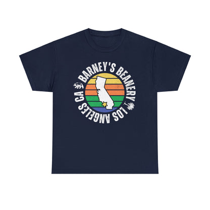 Retro Sunset | BARNEY'S BEANERY - Men's Retro Graphic Tee | Navy Gildan 5000, Front View Flat Lay