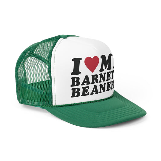 I Heart My | BARNEY'S BEANERY - Trucker Hat | Black And Red Graphic On Green And White Trucker Hat, Front Right View