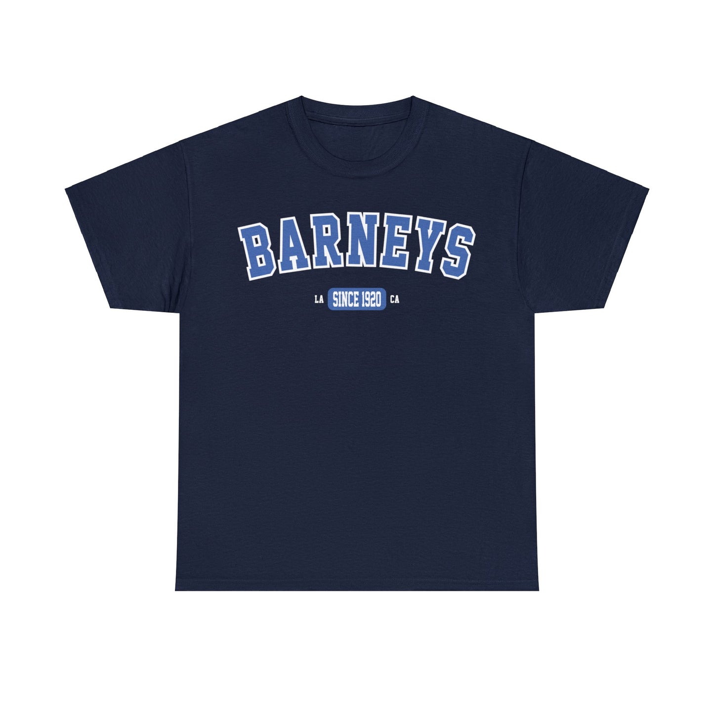 Vintage Collegiate | BARNEY'S BEANERY - Men's Graphic Tee | Blue Graphics On Navy Gildan 5000 T-Shirt, Front View Flat Lay