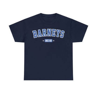 Vintage Collegiate | BARNEY'S BEANERY - Men's Graphic Tee | Blue Graphics On Navy Gildan 5000 T-Shirt, Front View Flat Lay