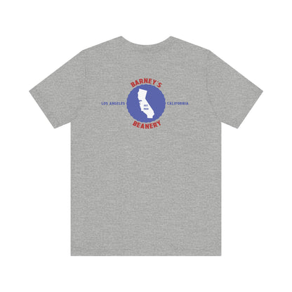 Eat More Chili. Drink More Beer. BARNEY'S BEANERY Red & Blue - Mens Retro Graphic Tee | Bella + Canvas 3001 - Retro Character On FRONT