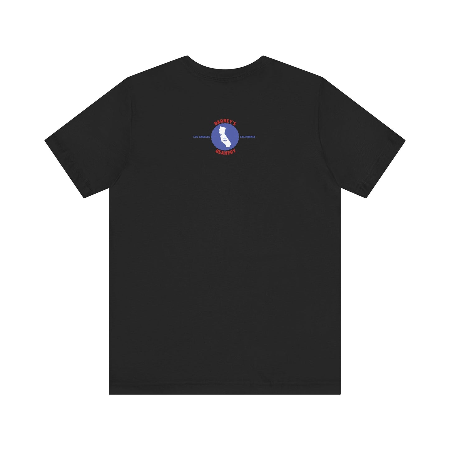 Eat More Chili. Drink More Beer. BARNEY'S BEANERY Red & Blue - Womens Retro Graphic Tee | Bella + Canvas 3001 - Retro Character On FRONT