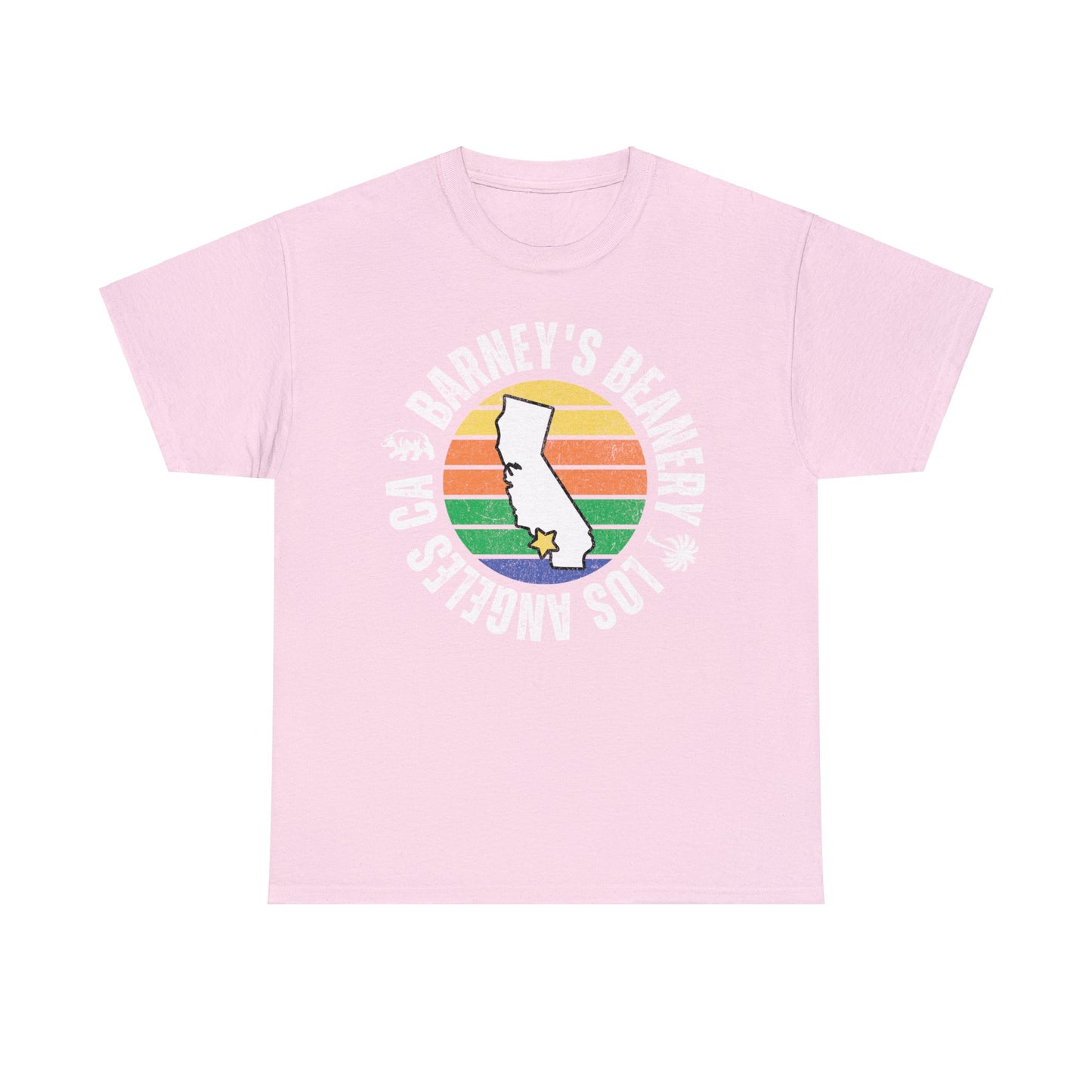 Retro Sunset | BARNEY'S BEANERY - Women's Retro Graphic Tee | Light Pink Gildan 5000 T-Shirt, Front View Flat Lay