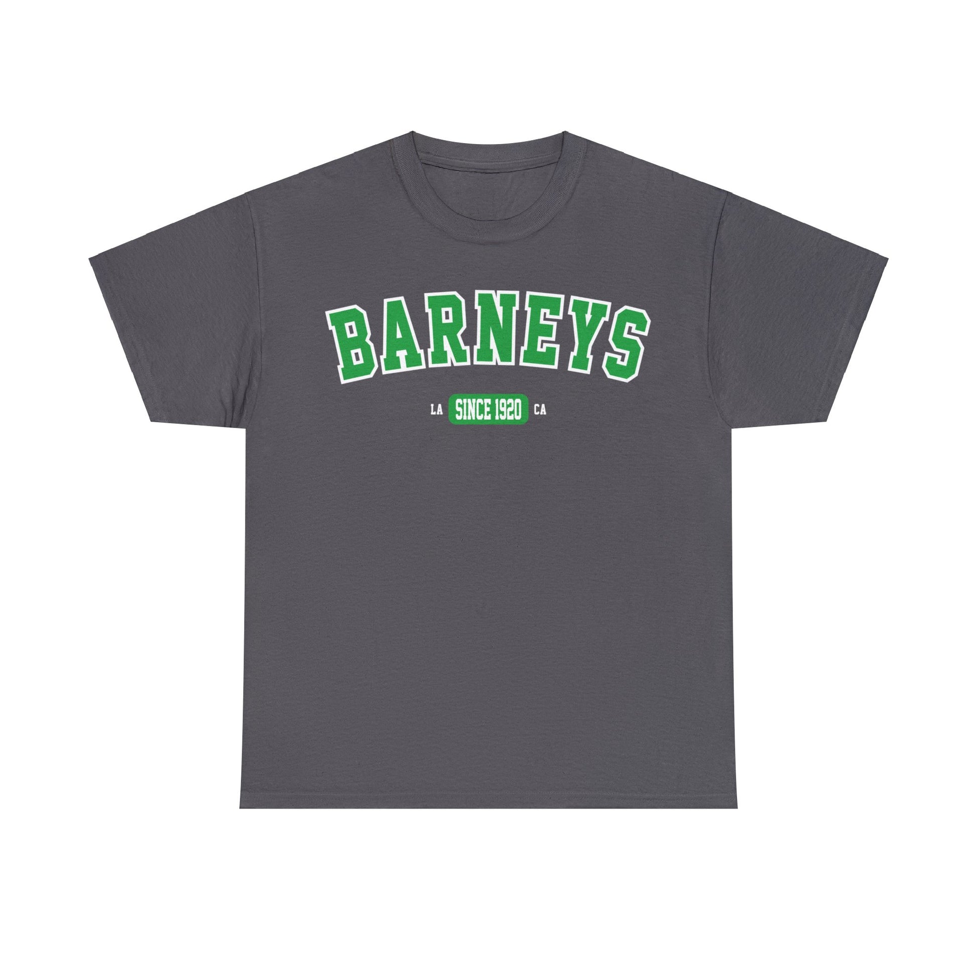 Vintage Collegiate | BARNEY'S BEANERY - Men's Graphic Tee | Green Graphics On Charcoal Gildan 5000 T-Shirt, Front View Flat Lay