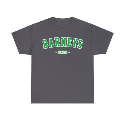 Vintage Collegiate | BARNEY'S BEANERY - Men's Graphic Tee | Green Graphics On Charcoal Gildan 5000 T-Shirt, Front View Flat Lay