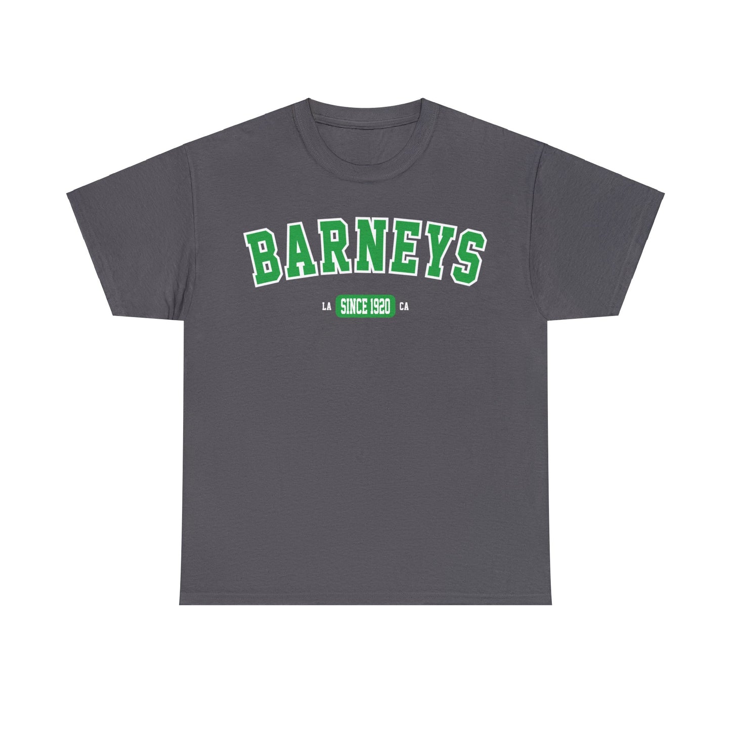 Vintage Collegiate | BARNEY'S BEANERY - Women's Graphic Tee | Charcoal Gildan 5000 T-Shirt, Green Graphic, Front View Flat Lay