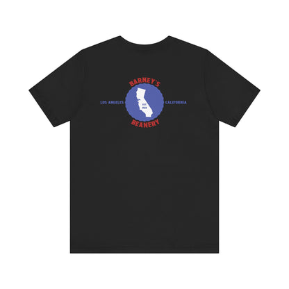 Eat More Chili. Drink More Beer. BARNEY'S BEANERY Red & Blue - Mens Retro Graphic Tee | Bella + Canvas 3001 - Retro Character On FRONT