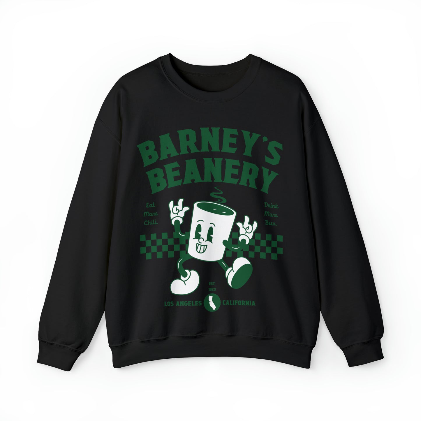 Eat More Chili. Drink More Beer. | BARNEY'S BEANERY Green - Women's Retro Graphic Sweatshirt