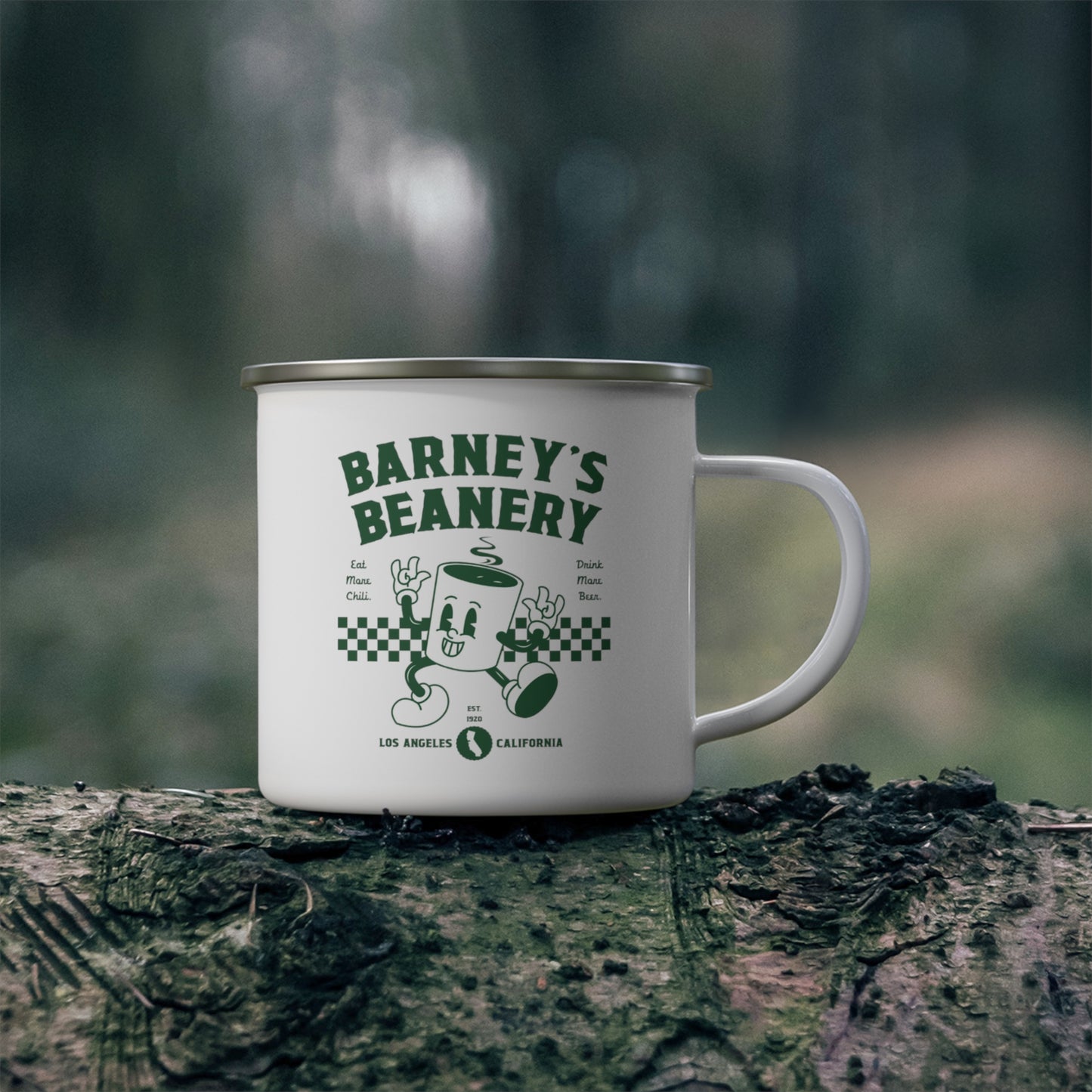 Eat More Chili. Drink More Beer. | BARNEY'S BEANERY - Green Camping Mug 12oz
