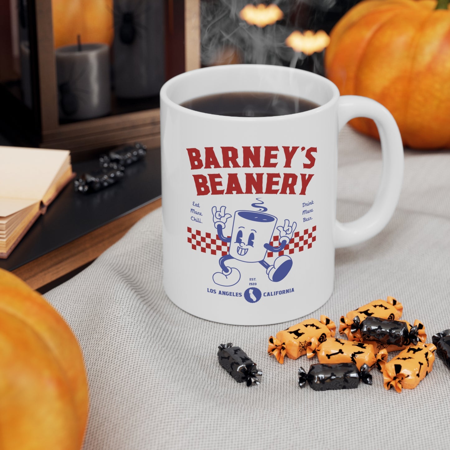 Eat More Chili. Drink More Beer. | BARNEY'S BEANERY - Red & Blue Coffee Mug 11oz