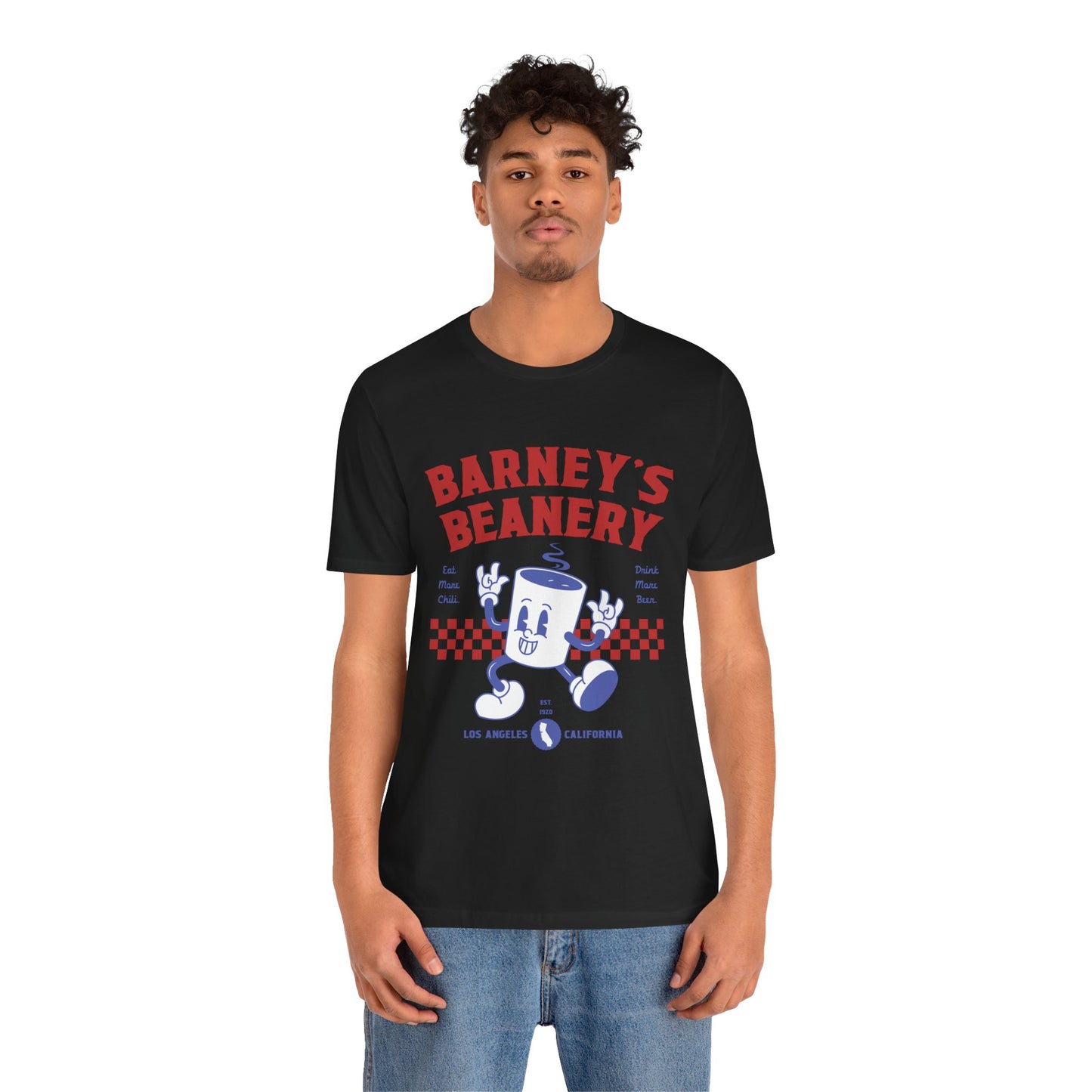Eat More Chili. Drink More Beer. BARNEY'S BEANERY Red & Blue - Womens Retro Graphic Tee | Bella + Canvas 3001 - Retro Character On FRONT