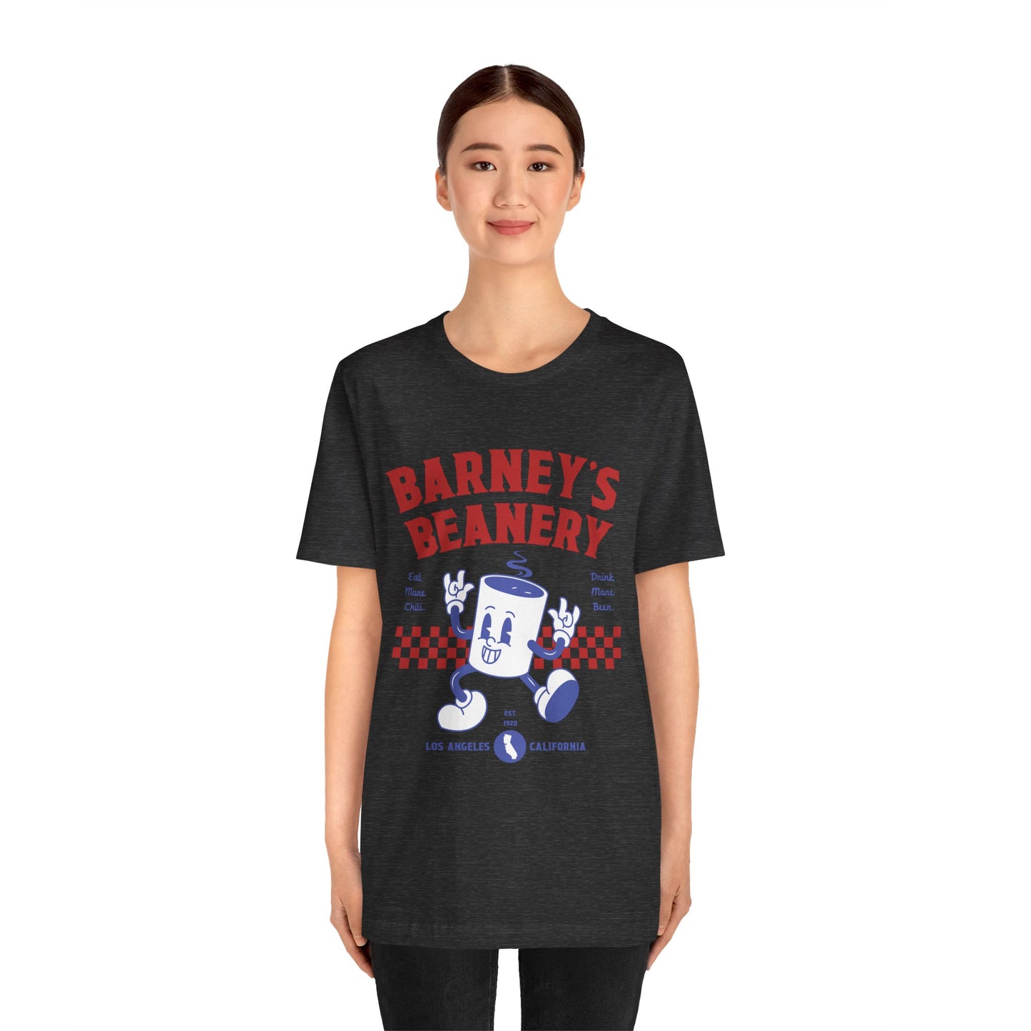 Eat More Chili. Drink More Beer. BARNEY'S BEANERY Red & Blue - Womens Retro Graphic Tee | Bella + Canvas 3001 - Retro Character On FRONT