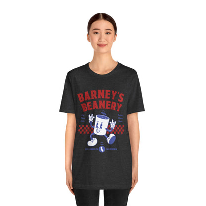 Eat More Chili. Drink More Beer. BARNEY'S BEANERY Red & Blue - Womens Retro Graphic Tee | Bella + Canvas 3001 - Retro Character On FRONT