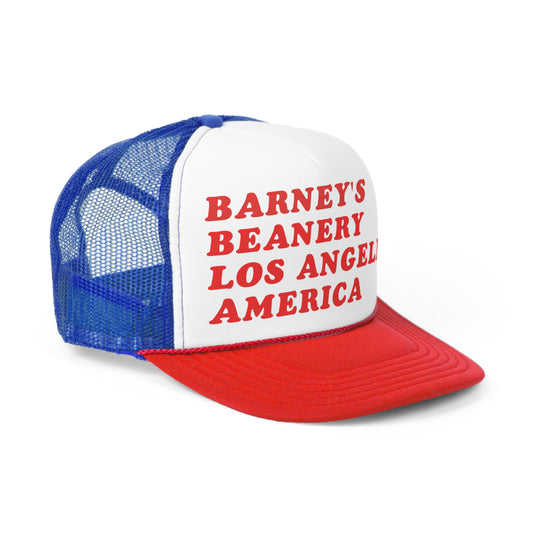 Los Angeles, America | BARNEY'S BEANERY - Trucker Hat | Red Graphic On Red, White And Blue Trucker Hat, Front Right View