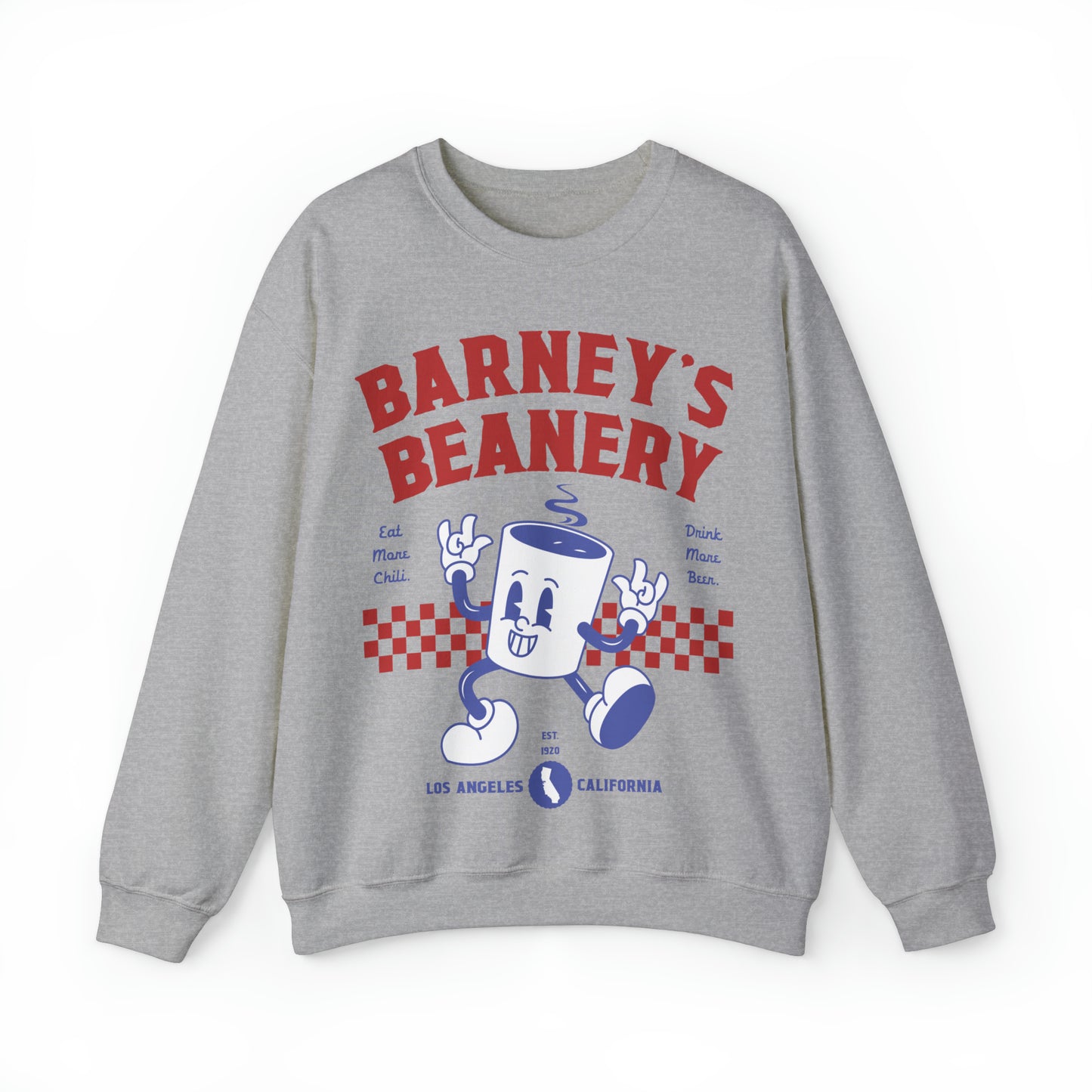 Eat More Chili. Drink More Beer. | BARNEY'S BEANERY Red & Blue - Men's Retro Graphic Sweatshirt