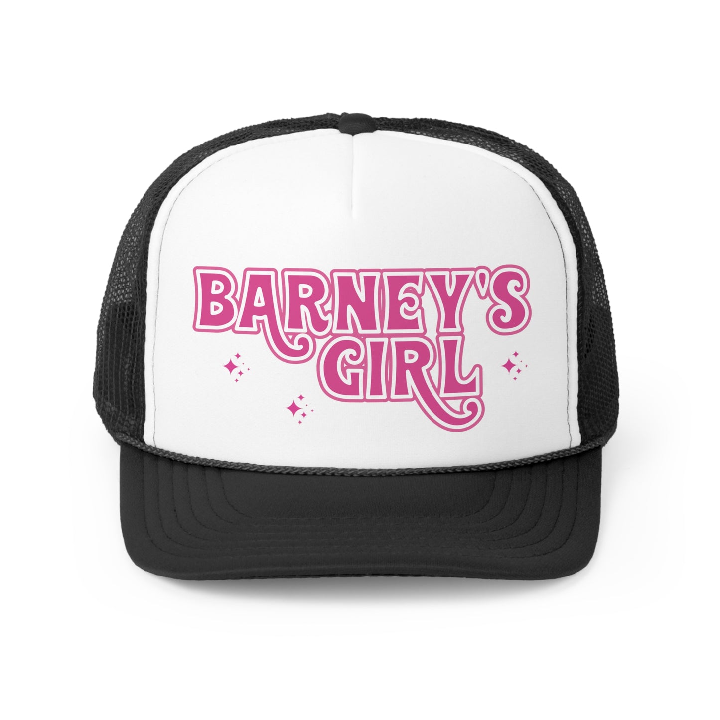 Barney's Girl | BARNEY'S BEANERY - Trucker Hat | Pink Graphic On Black And White Trucker Hat, Front View