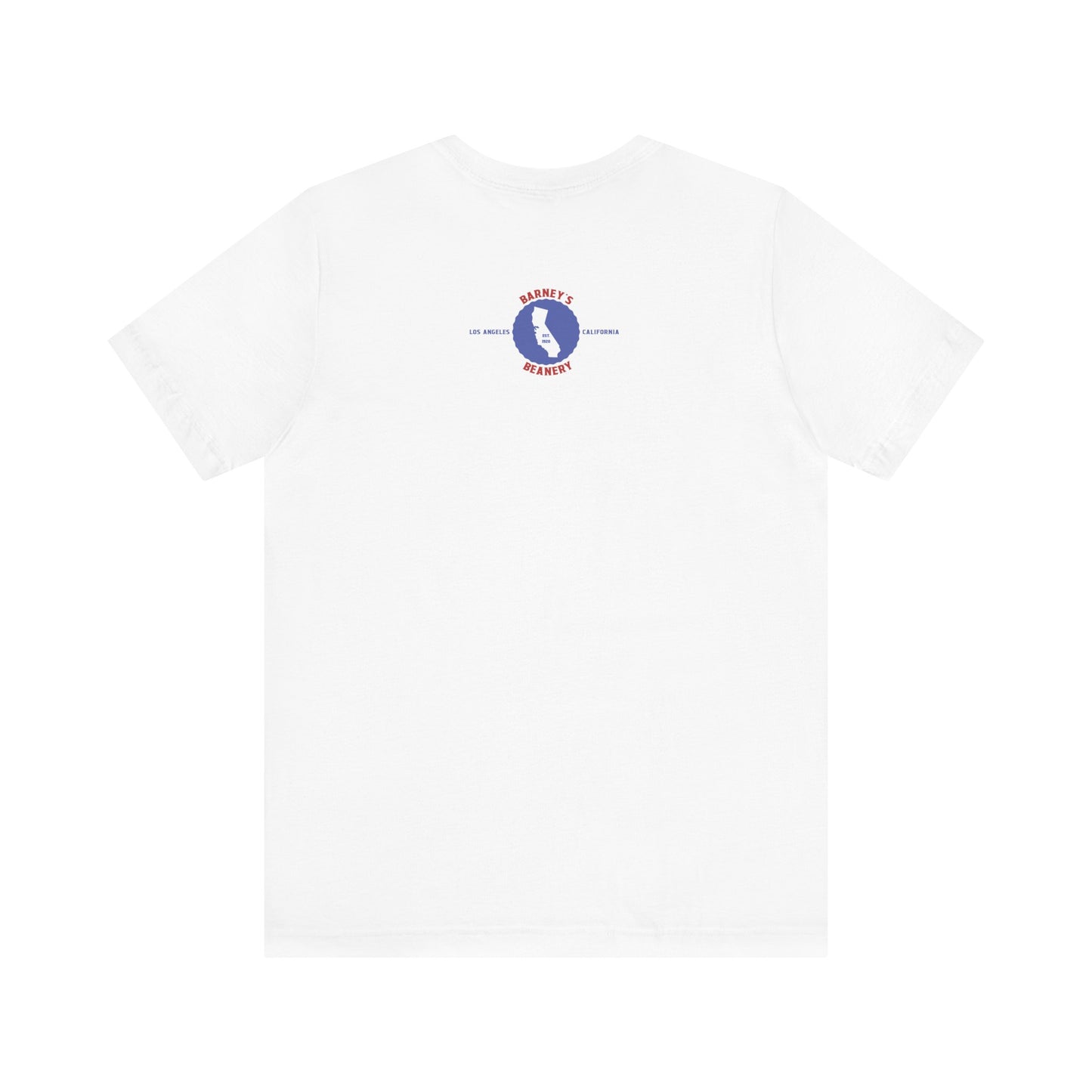 Eat More Chili. Drink More Beer. BARNEY'S BEANERY Red & Blue - Womens Retro Graphic Tee | Bella + Canvas 3001 - Retro Character On FRONT