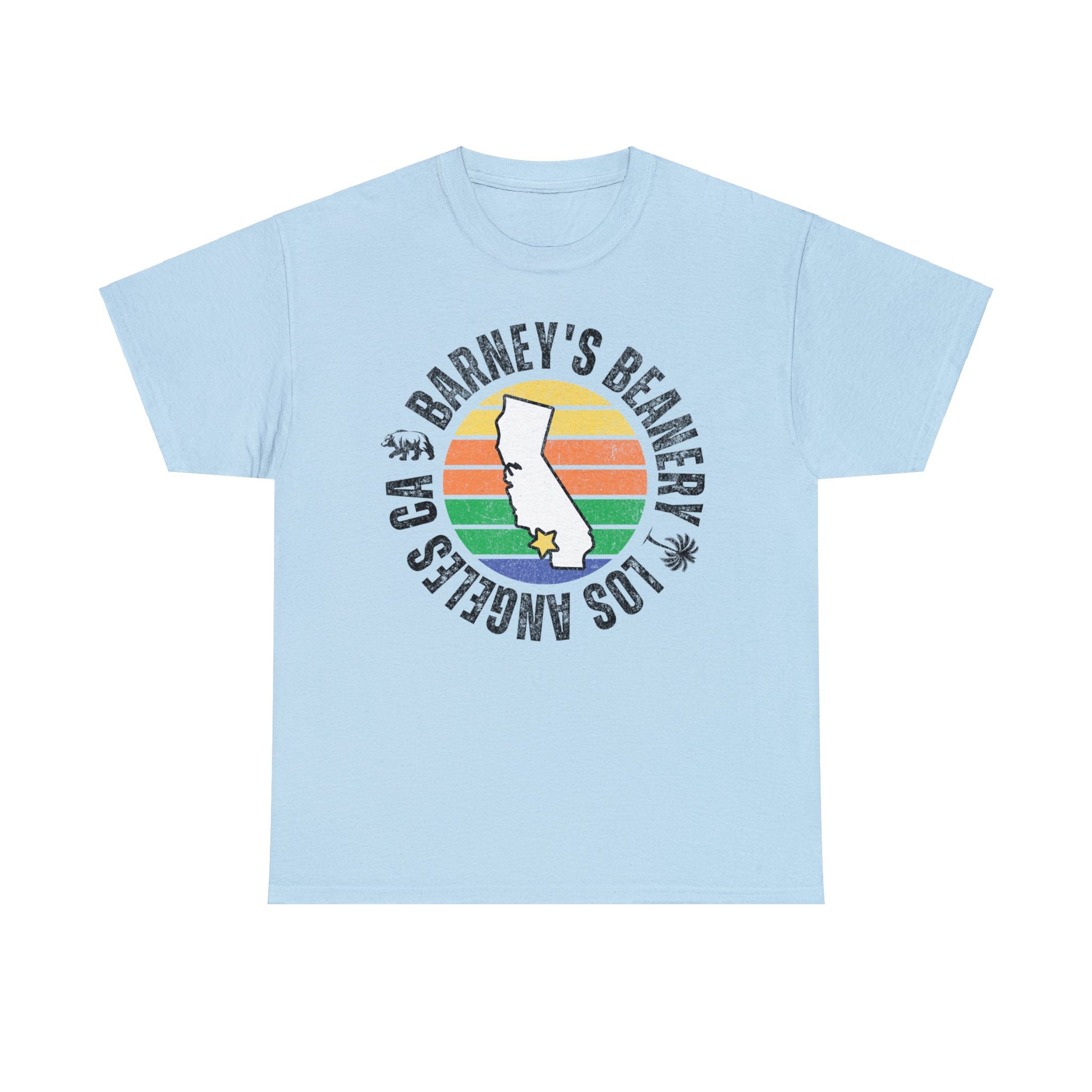 Retro Sunset | BARNEY'S BEANERY - Men's Retro Graphic Tee | Light Blue Gildan 5000, Front View Flat Lay