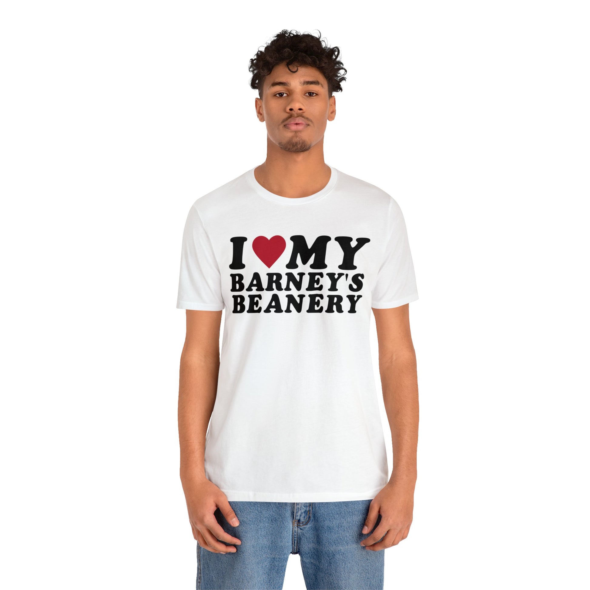 I Heart My | BARNEY'S BEANERY - Men's Graphic Tee | White And Red Graphics On White Bella+Canvas 3001 T-Shirt, Front View Male Model