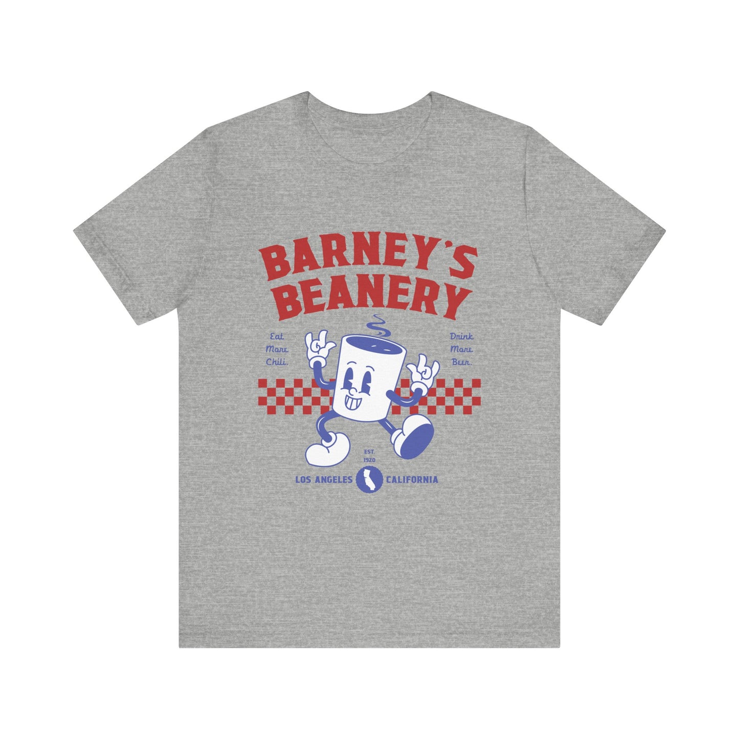 Eat More Chili. Drink More Beer. BARNEY'S BEANERY Red & Blue - Womens Retro Graphic Tee | Bella + Canvas 3001 - Retro Character On FRONT