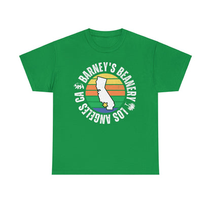 Retro Sunset | BARNEY'S BEANERY - Men's Retro Graphic Tee | Irish Green Gildan 5000, Front View Flat Lay