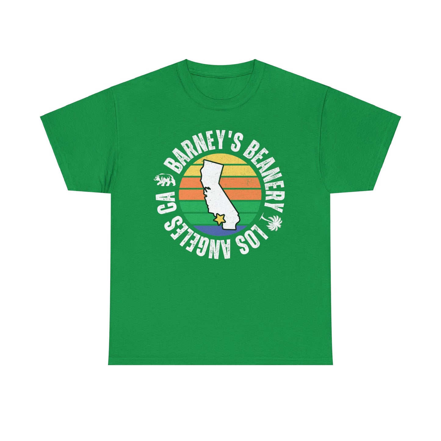 Retro Sunset | BARNEY'S BEANERY - Women's Retro Graphic Tee | Irish Green Gildan 5000 T-Shirt, Front View Flat Lay