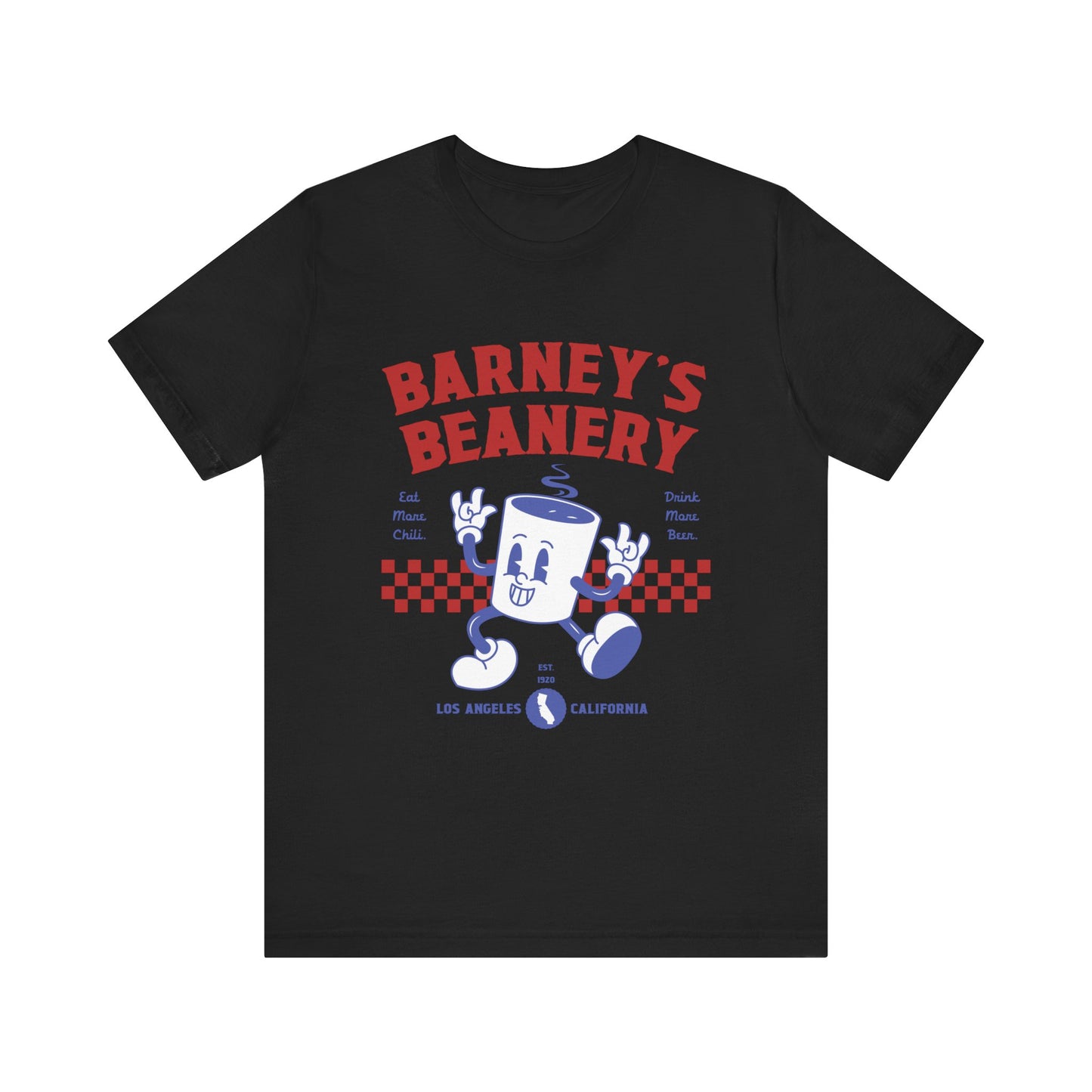Eat More Chili. Drink More Beer. BARNEY'S BEANERY Red & Blue - Womens Retro Graphic Tee | Bella + Canvas 3001 - Retro Character On FRONT