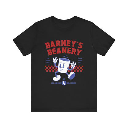 Eat More Chili. Drink More Beer. BARNEY'S BEANERY Red & Blue - Womens Retro Graphic Tee | Bella + Canvas 3001 - Retro Character On FRONT