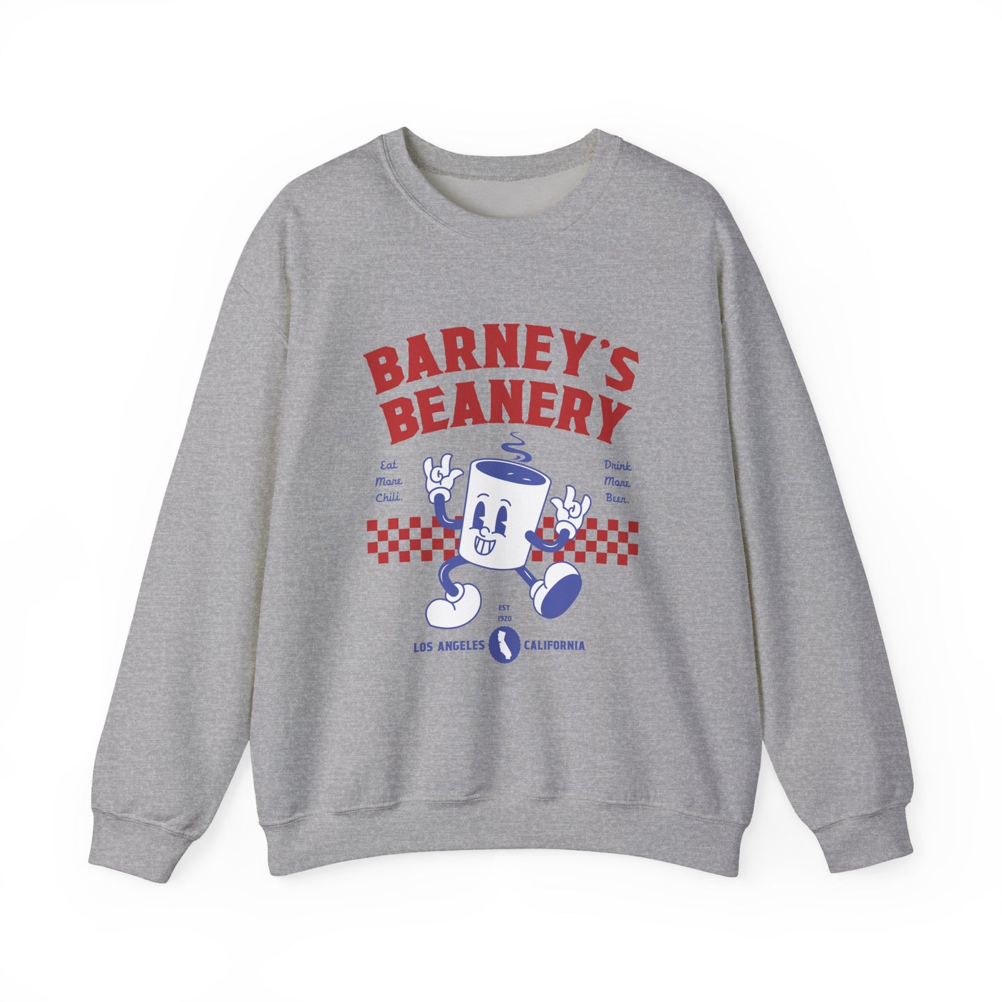 Eat More Chili. Drink More Beer. BARNEY'S BEANERY Red & Blue - Womens Retro Graphic Sweatshirt | Gildan 18000