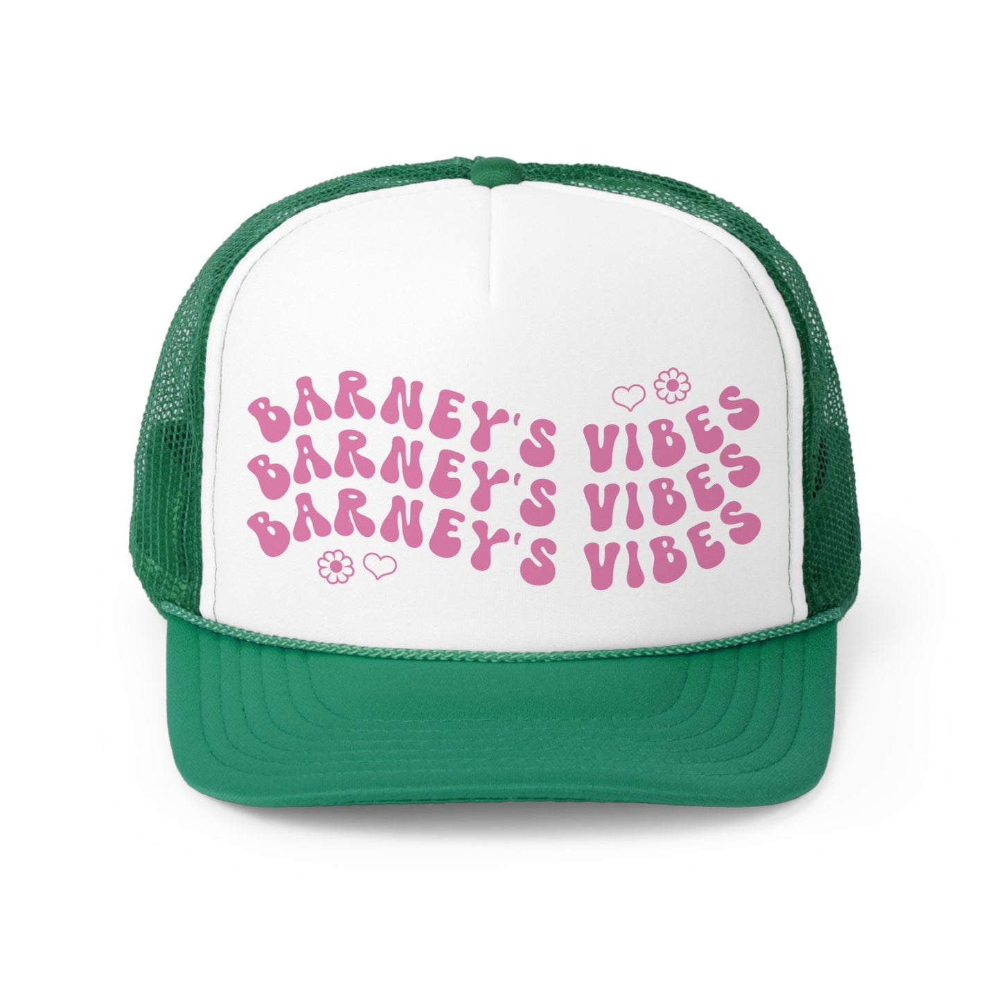 Barney's Vibes | BARNEY'S BEANERY - Trucker Hat | Berry Graphic On Green And White Trucker Hat, Front View