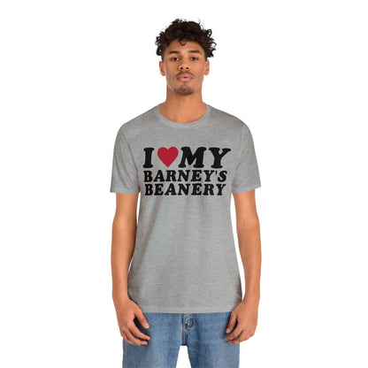 I Heart My | BARNEY'S BEANERY - Men's Graphic Tee | White And Red Graphics On Athletic Heather Bella+Canvas 3001 T-Shirt, Front View Male Model