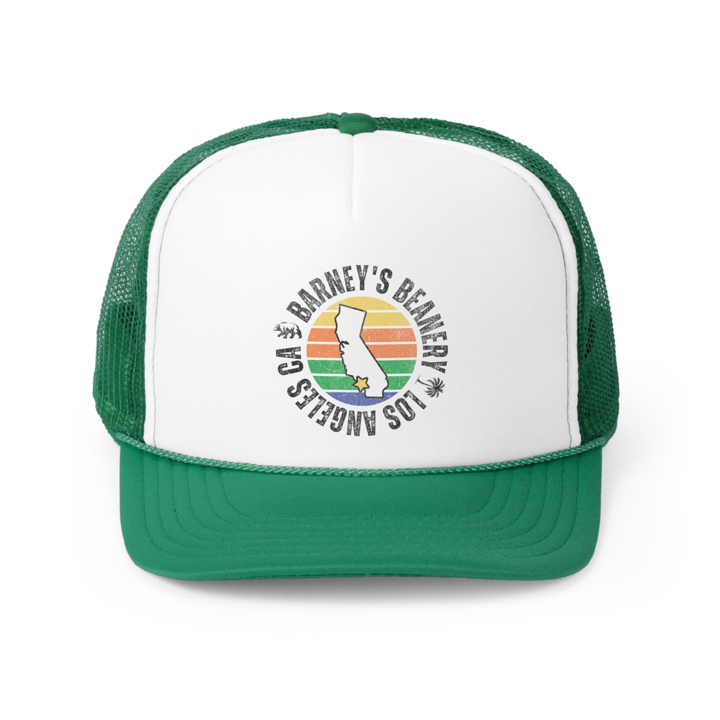 Retro Sunset | BARNEY'S BEANERY - Trucker Hat | Retro Sunset Graphic On Green And White Trucker Hat, Front View