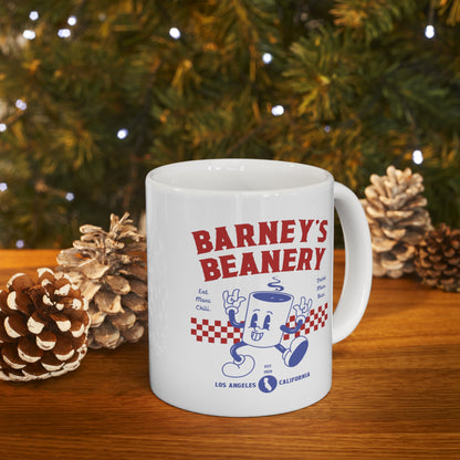 Eat More Chili. Drink More Beer. | BARNEY'S BEANERY - Red & Blue Coffee Mug 11oz