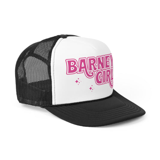 Barney's Girl | BARNEY'S BEANERY - Trucker Hat | Pink Graphic On Black And White Trucker Hat, Front Right View
