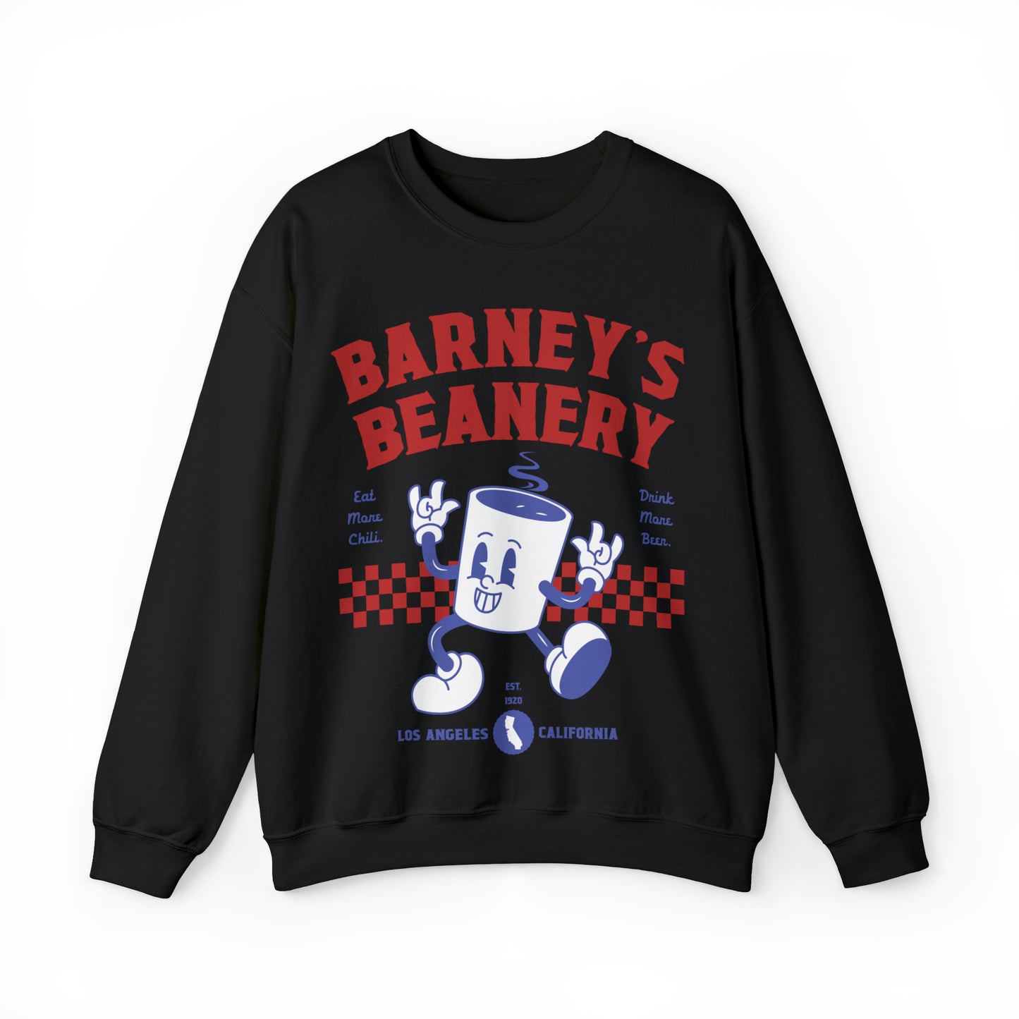 Eat More Chili. Drink More Beer. | BARNEY'S BEANERY Red & Blue - Women's Retro Graphic Sweatshirt