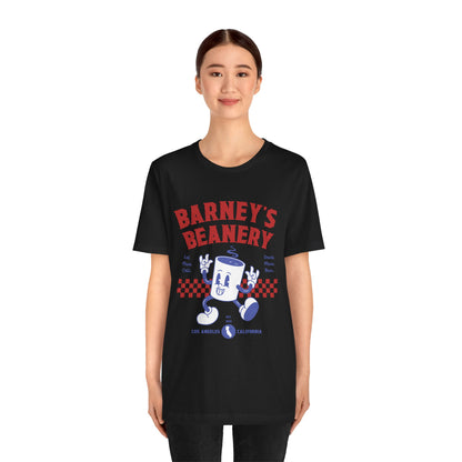 Eat More Chili. Drink More Beer. BARNEY'S BEANERY Red & Blue - Mens Retro Graphic Tee | Bella + Canvas 3001 - Retro Character On FRONT