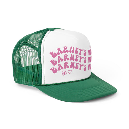 Barney's Vibes | BARNEY'S BEANERY - Trucker Hat | Berry Graphic On Green And White Trucker Hat, Front Right View