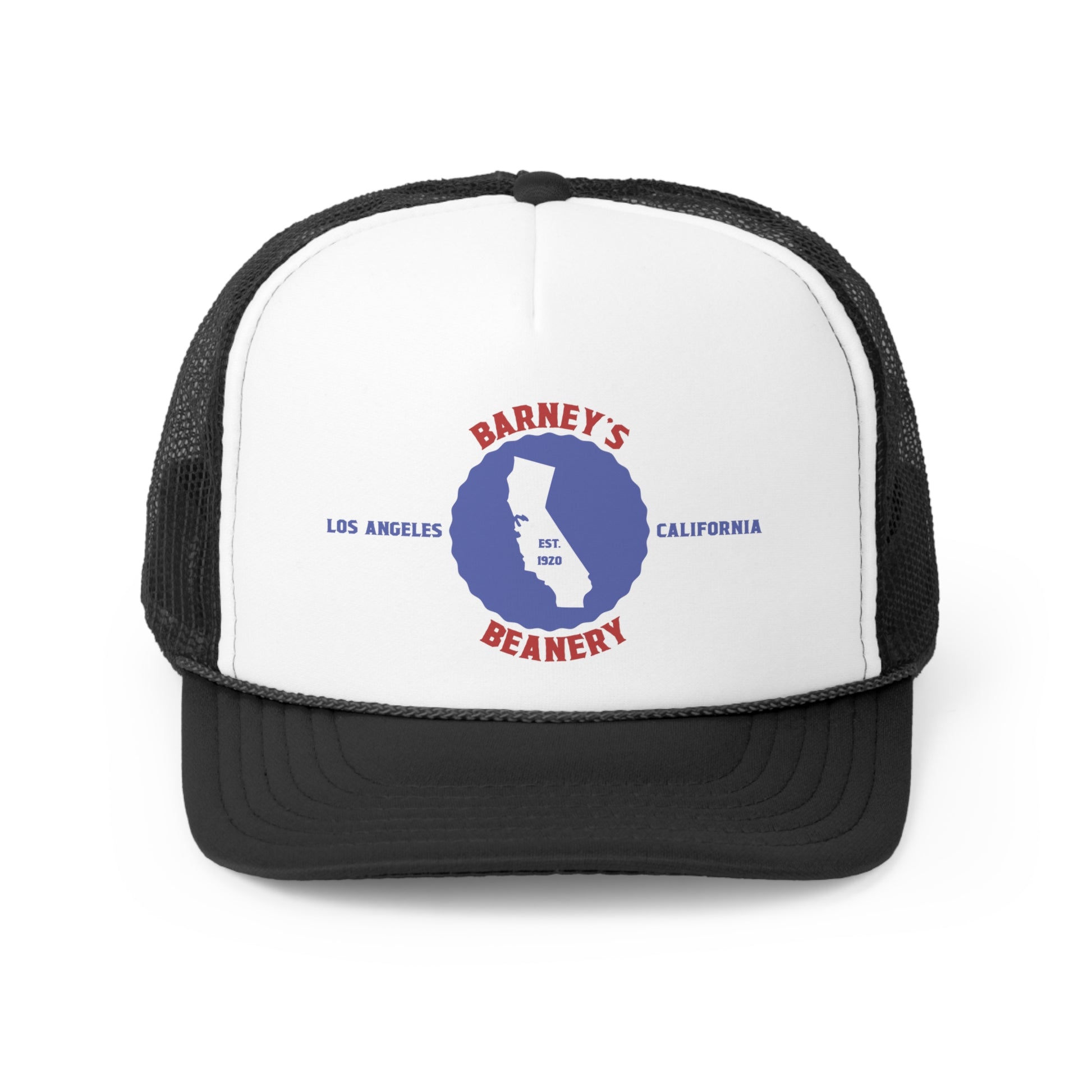 California Badge | BARNEY'S BEANERY - Trucker Hat | Red And Blue Graphic On Black And White Trucker Hat, Front View