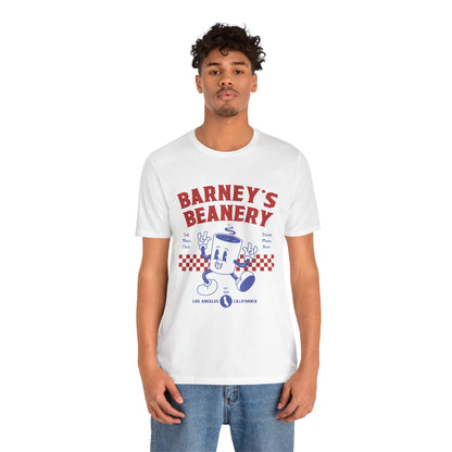 Eat More Chili. Drink More Beer. BARNEY'S BEANERY Red & Blue - Mens Retro Graphic Tee | Bella + Canvas 3001 - Retro Character On FRONT