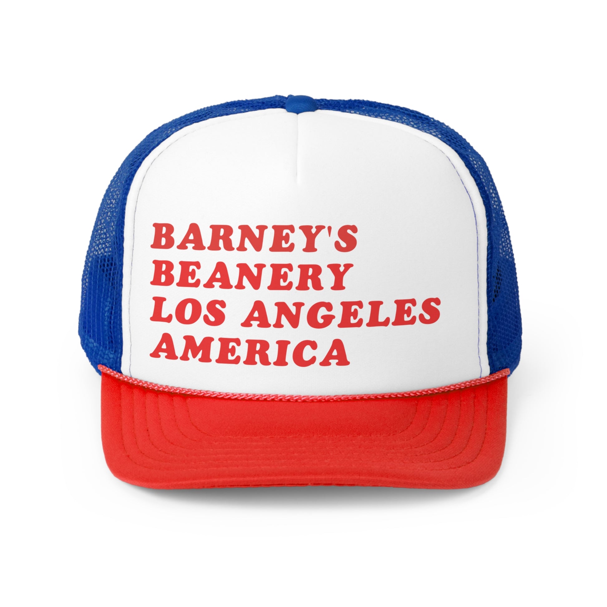 Los Angeles, America | BARNEY'S BEANERY - Trucker Hat | Red Graphic On Red, White And Blue Trucker Hat, Front View