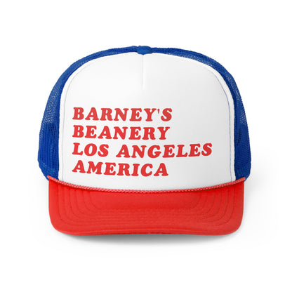 Los Angeles, America | BARNEY'S BEANERY - Trucker Hat | Red Graphic On Red, White And Blue Trucker Hat, Front View