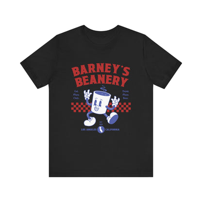 Eat More Chili. Drink More Beer. BARNEY'S BEANERY Red & Blue - Mens Retro Graphic Tee | Bella + Canvas 3001 - Retro Character On FRONT