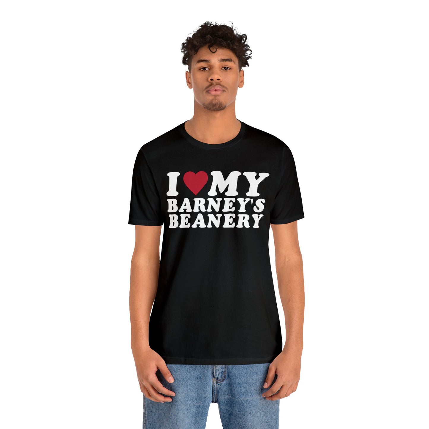 I Heart My | BARNEY'S BEANERY - Men's Graphic Tee | White And Red Graphics On Black Bella+Canvas 3001 T-Shirt, Front View Male Model